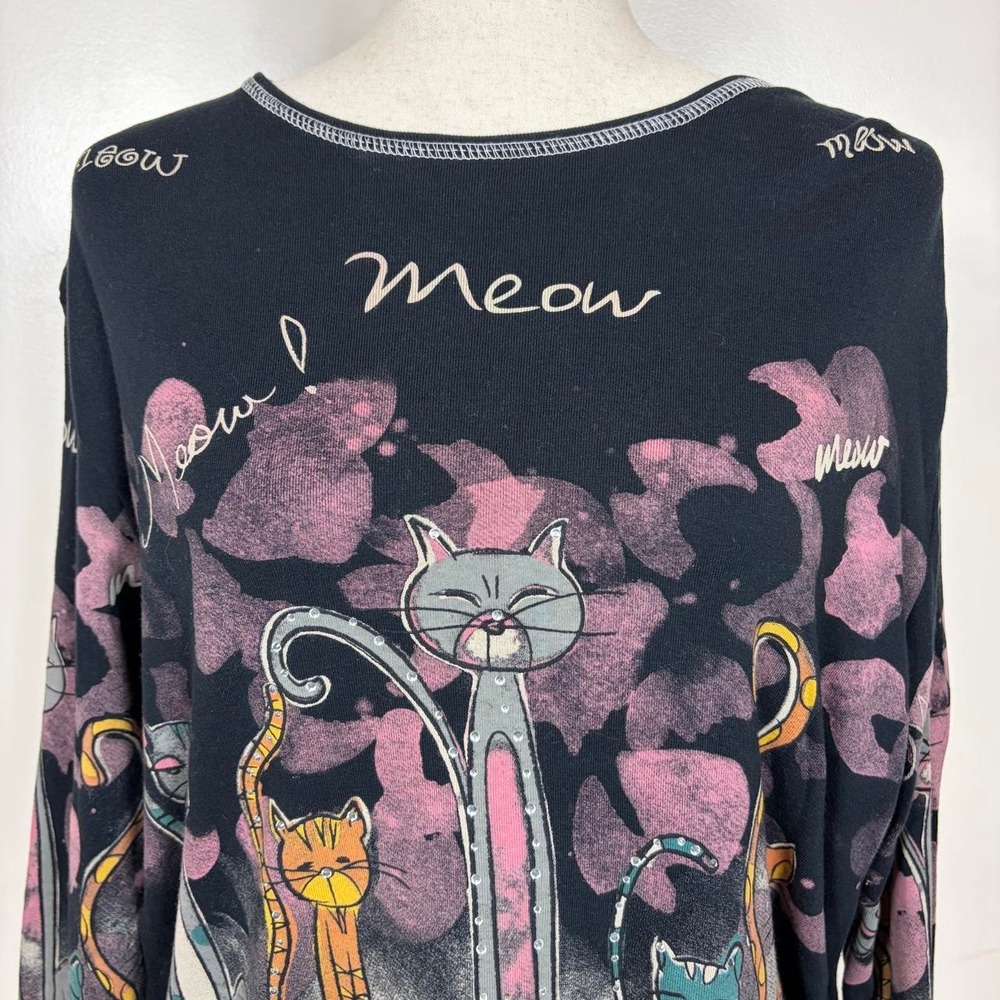 Jess & Jane Rhinestone Kitty Cat Top XL Whimsy Eclectic - Picture 2 of 6